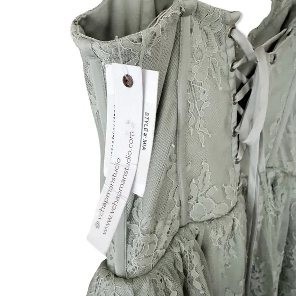 V. Chapman Mia Dress Sage Lace Tiered Midi Dress corset bustier Green Revolve 4 - Picture 9 of 10